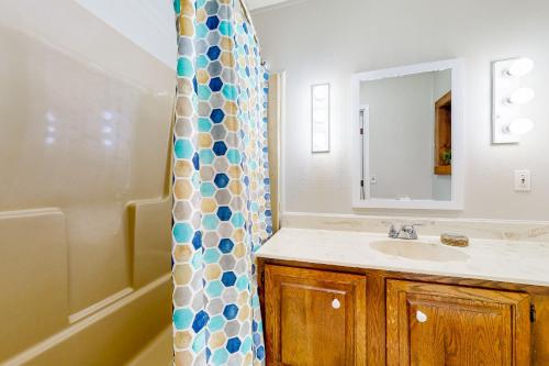 奥斯汀Slaughter Creek Cottage的一间带水槽和淋浴帘的浴室