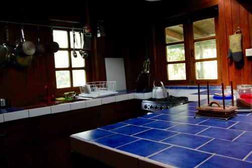 塞罗蓬塔Los Quetzales Ecolodge & Spa的厨房设有蓝色瓷砖台面和窗户。