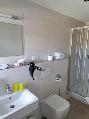 鲁斯特Pension am Park的浴室配有卫生间、盥洗盆和淋浴。