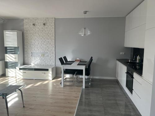 罗兹Apartament Gwiazdowa的白色的厨房配有桌椅