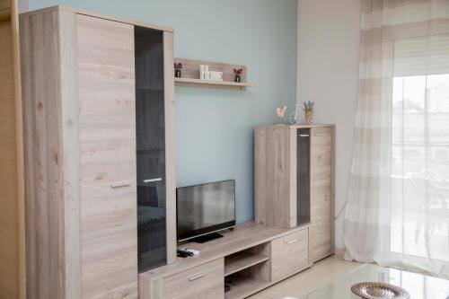 塞雷Apartment near the circuit of Serres and centre!!!的大型木质娱乐中心,配有平面电视