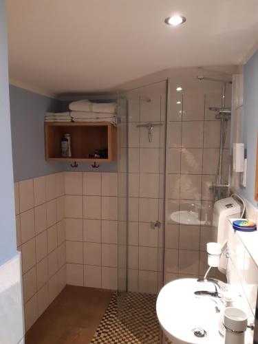 伦格里希明斯特兰德小屋旅馆的带淋浴、卫生间和盥洗盆的浴室