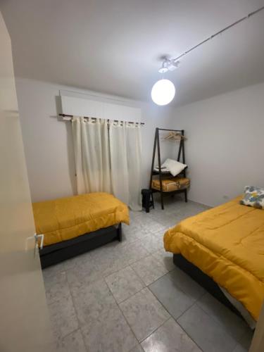 皮科将军镇Depto Latorre的一间卧室设有两张带黄床单和镜子的床