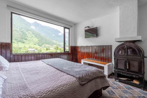 帕帕亚克塔Hosteria Pampallacta的一间卧室设有一张床和一个大窗户