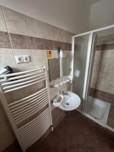 布达佩斯Hotel Rose City的一间带水槽和淋浴的浴室