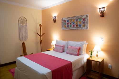 戈亚斯州上帕莱索Pousada Lua Clara的卧室配有一张带粉红色枕头的大床