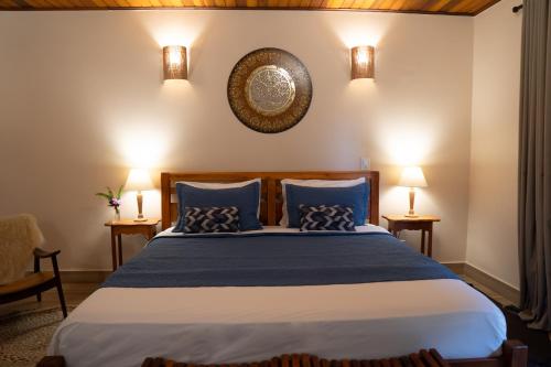 戈亚斯州上帕莱索Pousada Lua Clara的一间卧室配有一张带蓝色枕头的大床