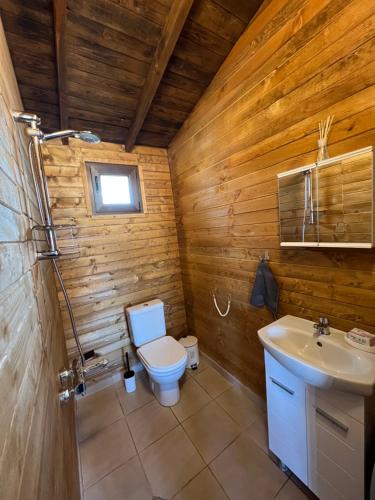 希典Лятна каравана “Айтата”的木制浴室设有卫生间和水槽