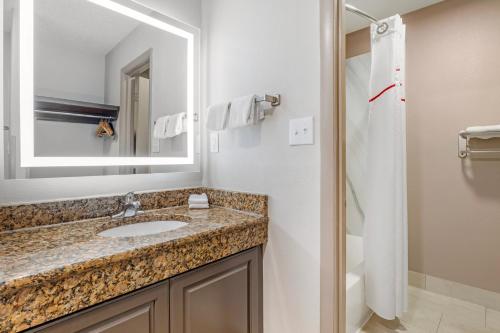 纽波特纽斯Red Roof Inn & Suites Newport News的一间带水槽、镜子和淋浴的浴室
