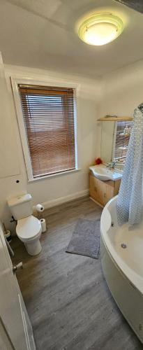 哈德斯菲尔德The Luxe - Entire House的浴室配有卫生间、盥洗盆和浴缸。