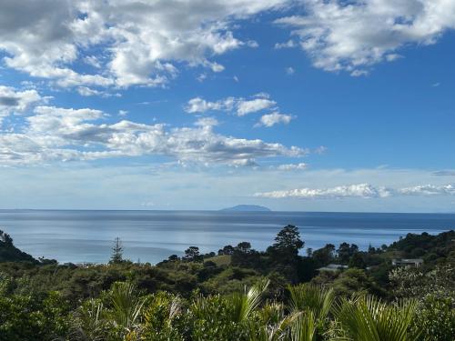 欧尼坦基Whisper Cottage的从树木茂密的山丘上欣赏海景