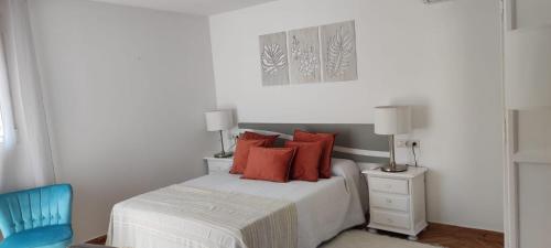 阿里纳斯Ático en arenas de malaga的一间卧室配有一张带红色枕头和蓝色椅子的床