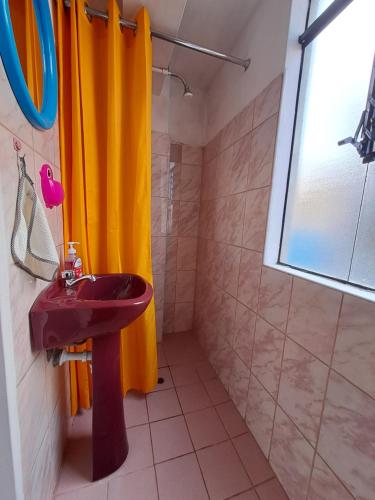 普诺Departamento Las Malvinas Puno的一间带红色水槽和淋浴的浴室