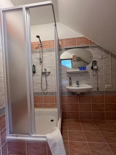 比尔扎伊Butenas Hotel Tyla的带淋浴和盥洗盆的浴室