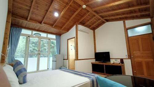 鹿谷乡溪头天品民宿的一间卧室设有一张床、一台电视和一个窗口。