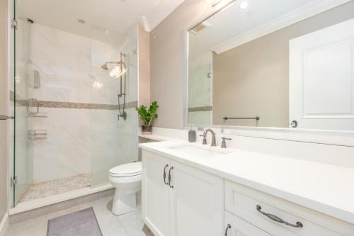 温哥华Dunbar Luxury Homestay的一间带水槽、卫生间和淋浴的浴室