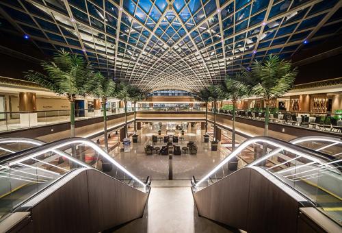 阿布扎比杜森肯尼阿布扎比酒店的大型购物中心,拥有大型天花板和棕榈树