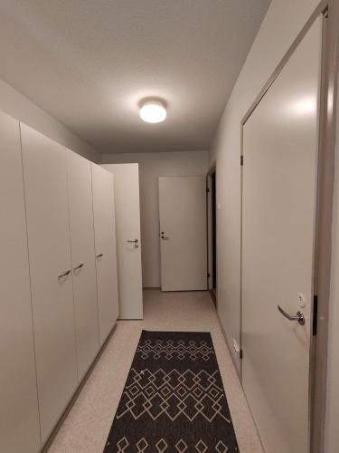 ReisjärviKetola Apartments Reisjärvi的走廊上设有白色橱柜和黑色地毯