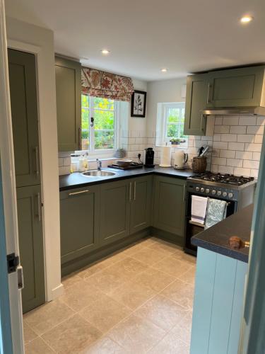 BredonLuxury Cottage with Garden的厨房配有绿色橱柜和水槽