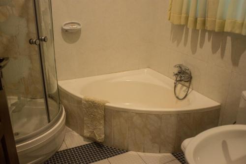 卢萨卡Waterfalls hotel (Lusaka)的浴室设有浴缸,位于厕所旁边