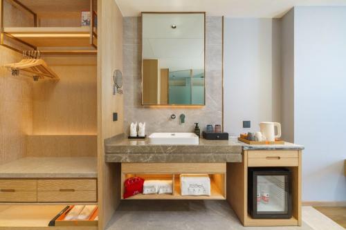 乌鲁木齐乌鲁木齐罗岚酒店的一间带水槽和镜子的浴室
