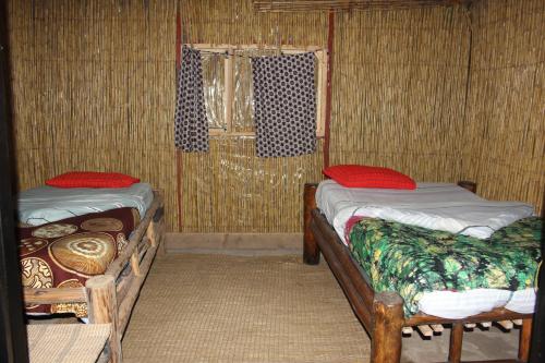 NyakinamaRed Rocks Rwanda - Bamboo Cottage的客房设有两张床和窗户。