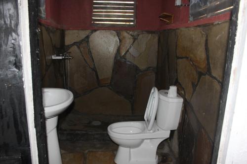 NyakinamaRed Rocks Rwanda - Campsite Guesthouse的一间带卫生间和水槽的小浴室