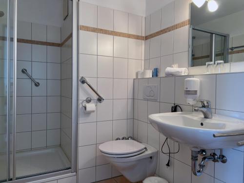 沙博伊茨Zeitlos Hotel Garni的浴室配有卫生间、盥洗盆和淋浴。