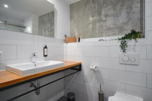 莱比锡Stylisches Studio im Herzen Leipzigs的白色的浴室设有水槽和镜子