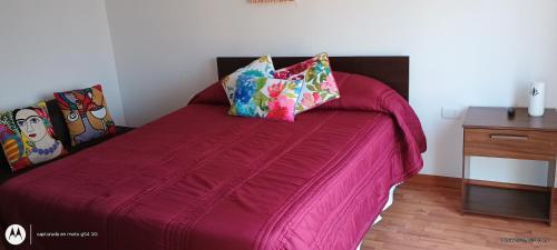 卡尔德拉Se arrienda departamento en caldera的粉红色的床,上面有两个枕头
