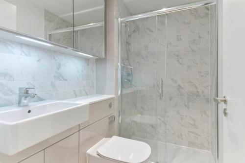 伦敦Luxury 2B2B in central London的带淋浴、卫生间和盥洗盆的浴室