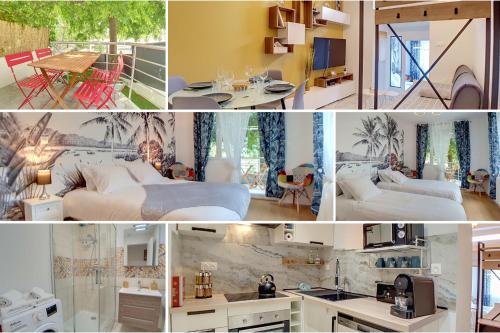 Saint-FonsStop Chez M Select Garden # Qualité # Confort # Simplicité的卧室和客厅的照片拼合在一起
