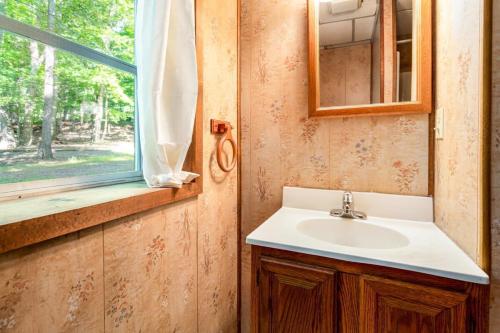Morton GroveHot Tub, Huge Deck, WiFi, Fire Pit at Chalet Cabin的一间带水槽和窗户的浴室