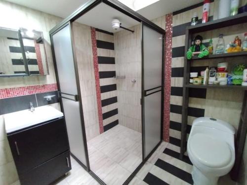 亚美尼亚Habitacion privada en casa familiar con bano compartido的带淋浴、卫生间和盥洗盆的浴室