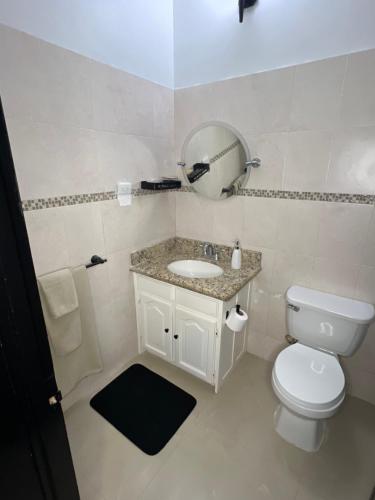 圣玛丽Ocho Rios Oasis的一间带卫生间、水槽和镜子的浴室