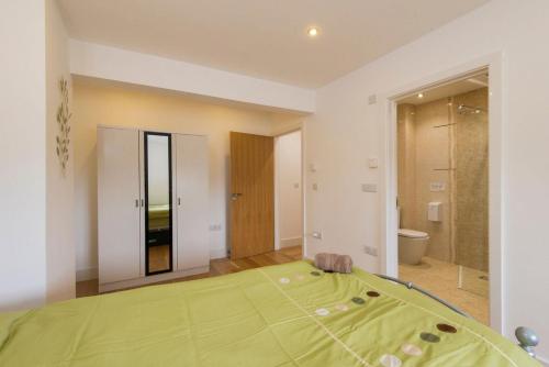 Saint BrewardJubilee Cottage - Cwc75016的一间带绿色床的卧室和一间浴室