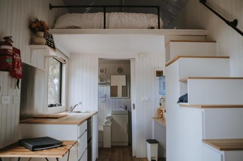 Dadswells BridgeTiny House 11 at Grampians Edge的一个小房子,配有水槽和一张双层床