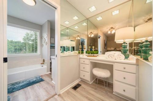 温泉城Lake Livin'的带浴缸、水槽、卫生间和镜子的浴室