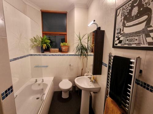 勒威克Stylish three-bedroom house in central Lerwick的浴室配有盥洗盆、卫生间和浴缸。