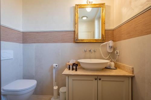 维罗纳Relais Colle San Pietro的一间带水槽、卫生间和镜子的浴室