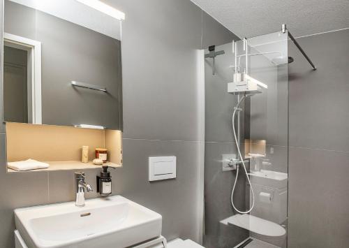 伊兹林根※Luxus Loft mit Boxspringbetten und Heimkino ※的带淋浴、盥洗盆和镜子的浴室