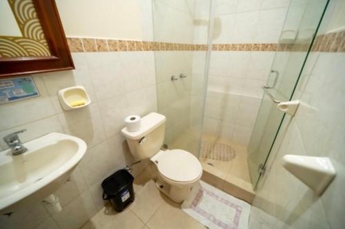 奥塔瓦洛tourist house suites 2的带淋浴、卫生间和盥洗盆的浴室