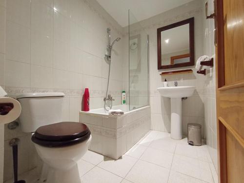 Poveda de la SierraHOSTAL RURAL ALTO TAJO POVEDA的浴室配有卫生间、盥洗盆和淋浴。
