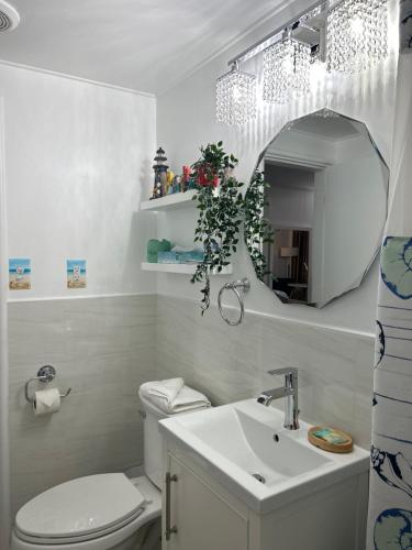 法尔茅斯水手汽车旅馆的一间带卫生间、水槽和镜子的浴室