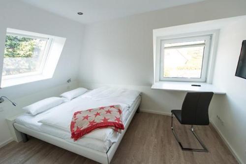 韦斯特兰Strandkoje-Landhaus-Tadsen的一间卧室配有一张床、一张书桌和两个窗户。