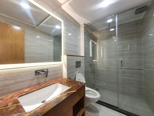 瓜廖尔The Moziac Hotel的一间带水槽、卫生间和淋浴的浴室
