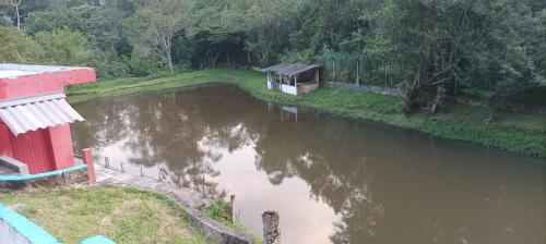 瓜鲁柳斯Chácara, 3 suítes, piscina, lago, wi-fi 250 mbps的房屋旁河流的空中景色