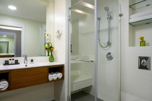 阿萨夫哈罗芬班古里昂机场萨杜特酒店 - 阿特拉斯精品酒店的带淋浴和盥洗盆的浴室