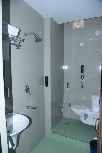 王舍城Hotel Gridhakuta International的带淋浴、水槽和卫生间的浴室