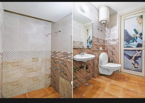 新德里Hotel lodge kalkaji的浴室的两张照片,配有卫生间和水槽